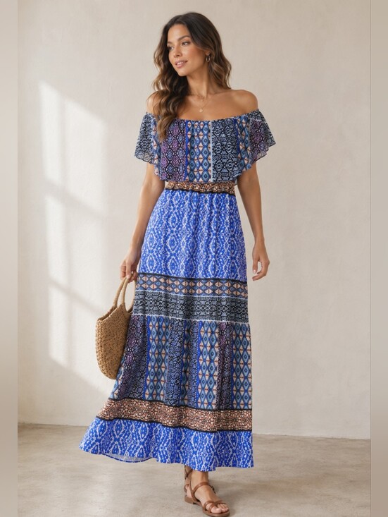 Chico's Dresses & Skirts - CHICOS Boho Off-Shoulder Patchwork Geometric Print Maxi Dress, Size 1, Medium
